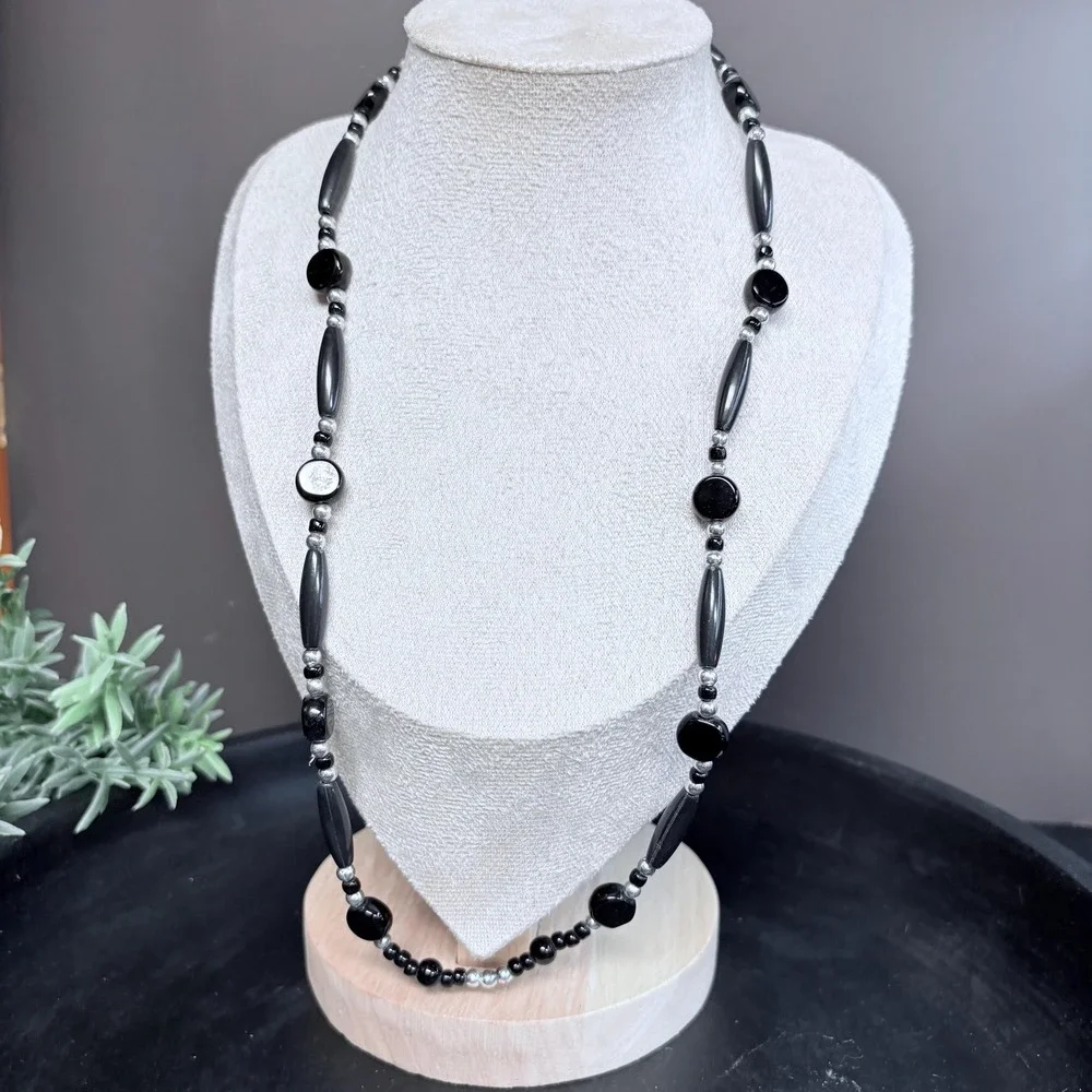 Black & Silver Beaded Necklace 22 In | Toggle | Gothic Minimalist | Witchy - Picture 1 of 6